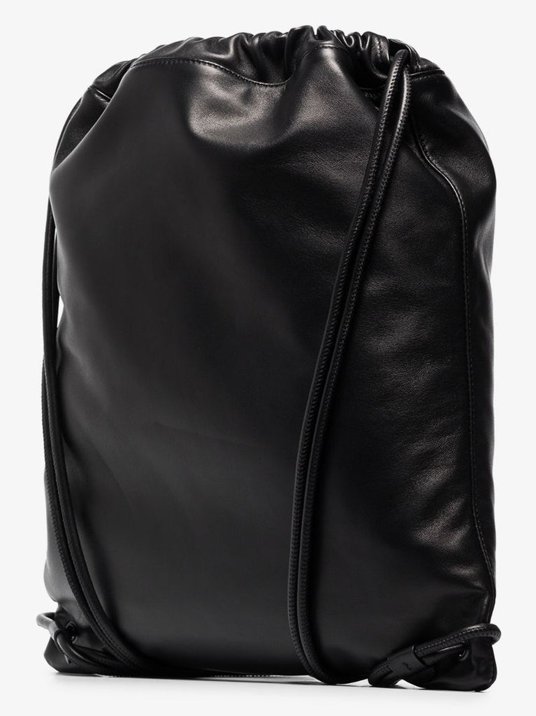 Black Drawstring Logo Print Leather Backpack