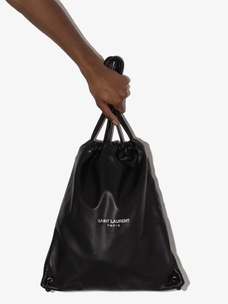 Black Drawstring Logo Print Leather Backpack