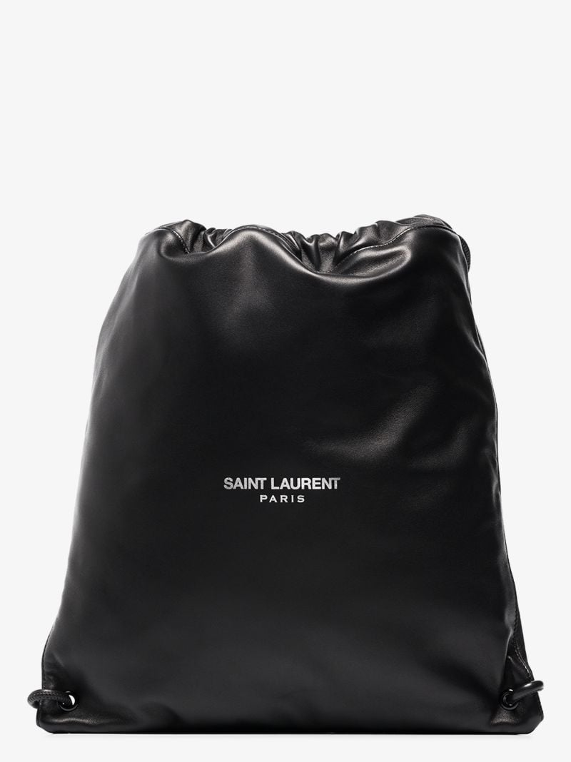Black Drawstring Logo Print Leather Backpack