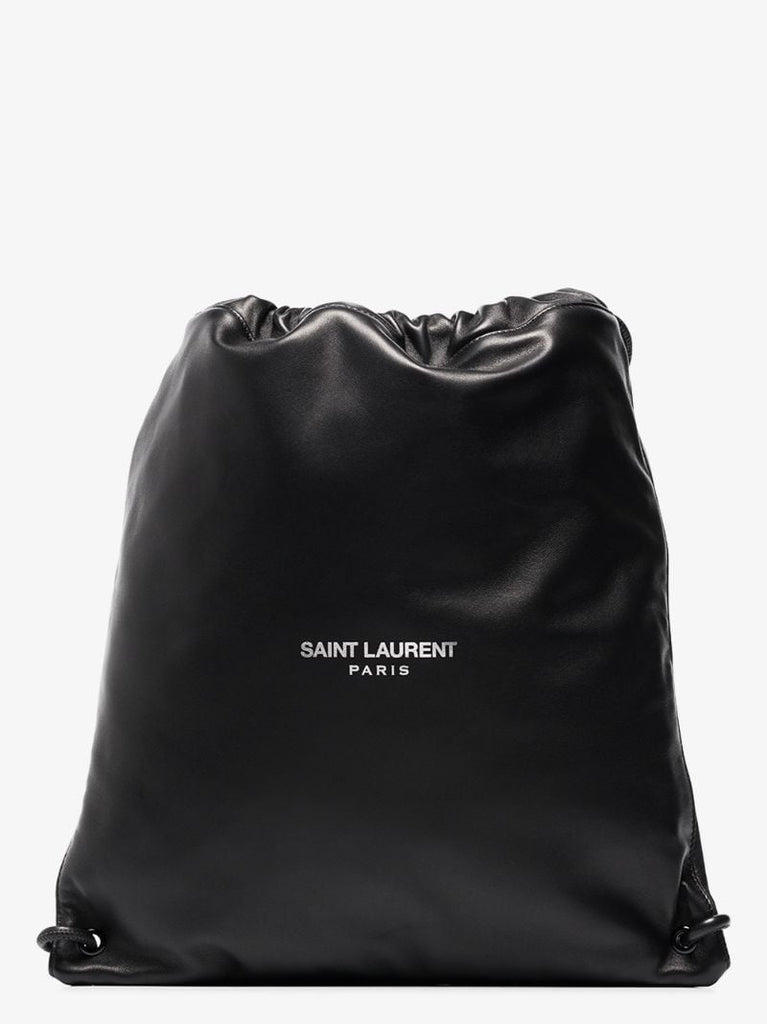 Black Drawstring Logo Print Leather Backpack