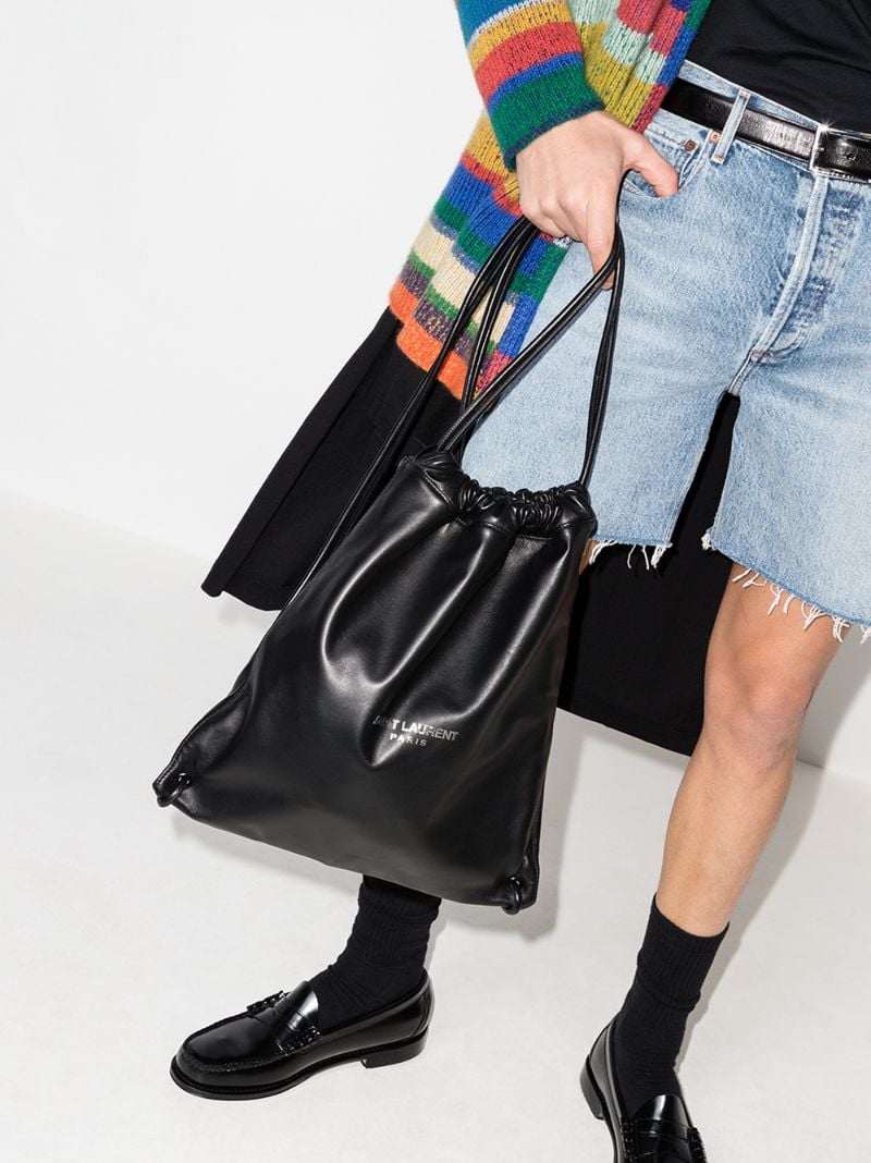 Black Drawstring Logo Print Leather Backpack