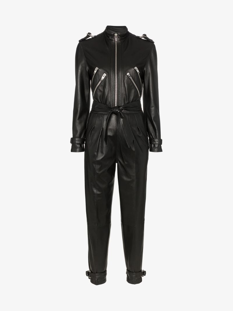 Belted Zip Detail Leather Jumpsuit