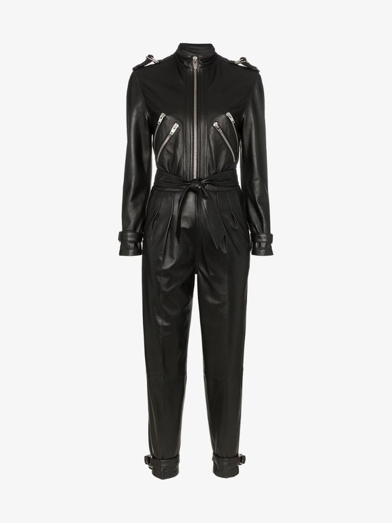 Belted Zip Detail Leather Jumpsuit