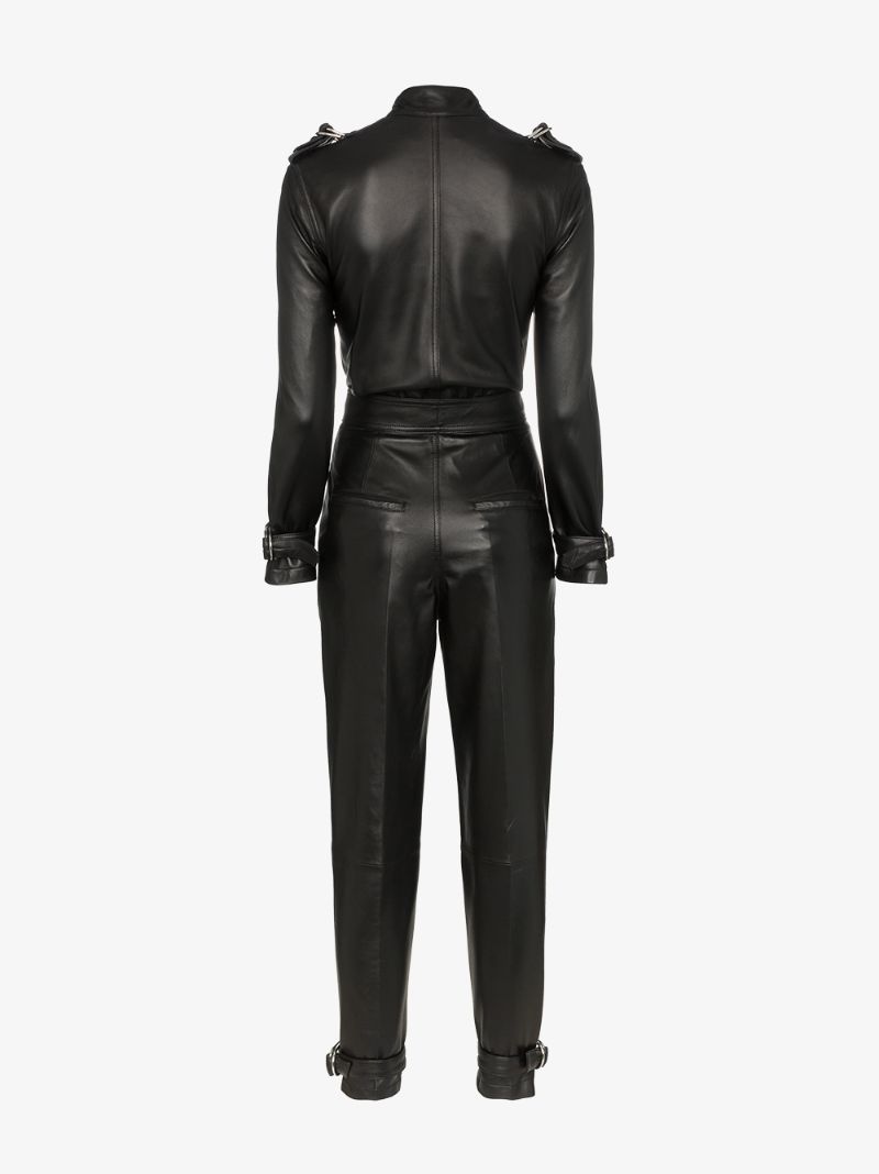 Belted Zip Detail Leather Jumpsuit