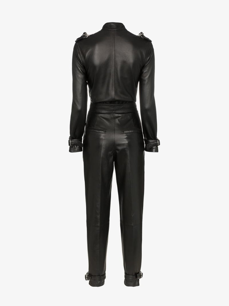 Belted Zip Detail Leather Jumpsuit