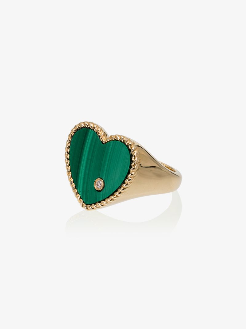 18k Yellow Gold Heart Malachite and Diamond Signet Ring