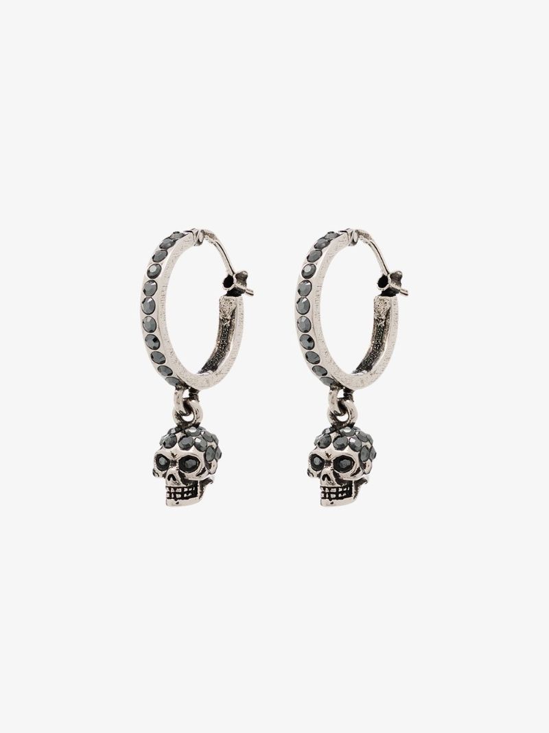 Silver Tone Mini Crystal Skull Hoop Earrings