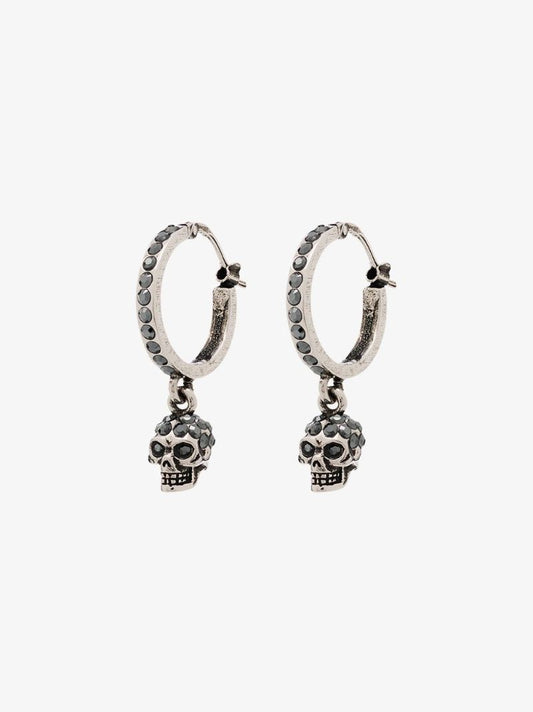 Silver Tone Mini Crystal Skull Hoop Earrings