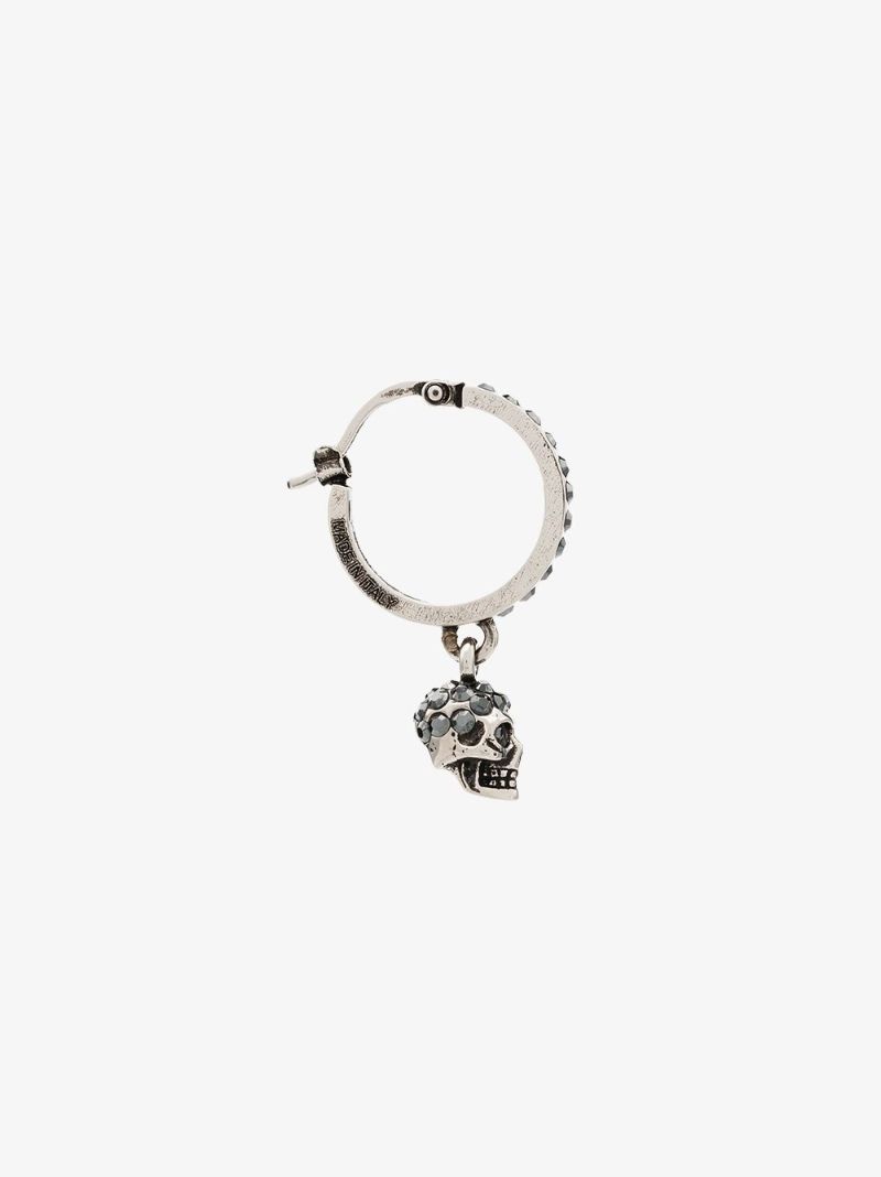 Silver Tone Mini Crystal Skull Hoop Earrings