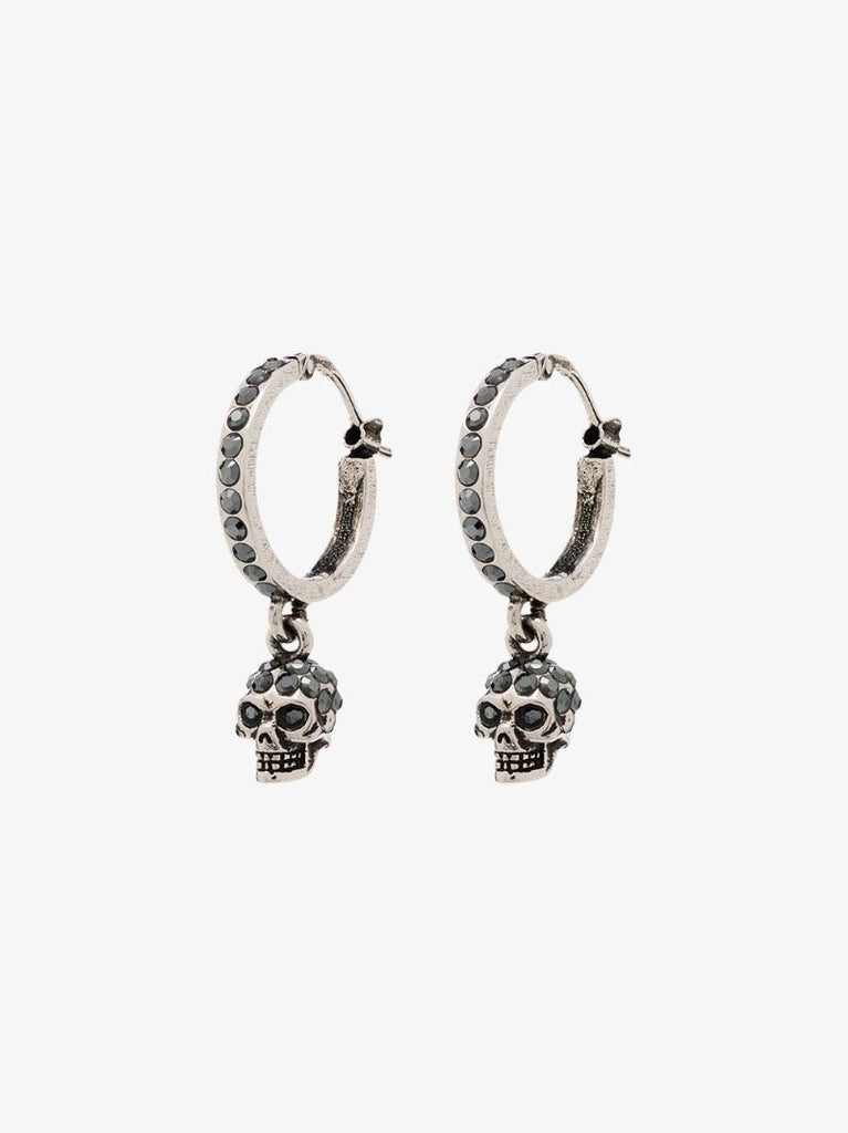 Silver Tone Mini Crystal Skull Hoop Earrings