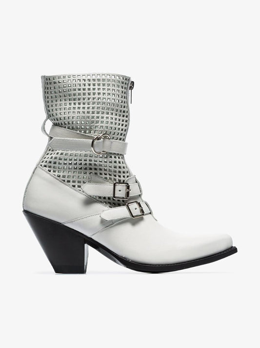 White 80 Perforated Detail Buckle Embellished Leather Ankle Boots