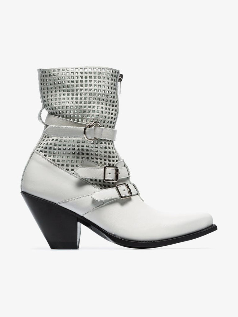 White 80 Perforated Detail Buckle Embellished Leather Ankle Boots