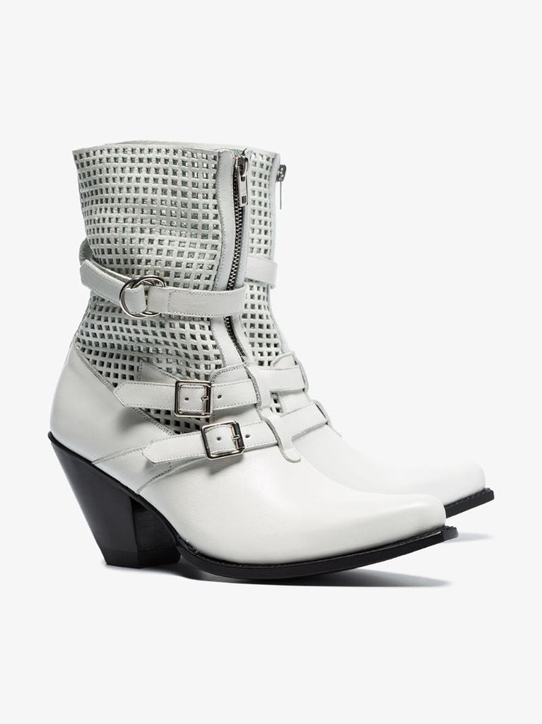 White 80 Perforated Detail Buckle Embellished Leather Ankle Boots