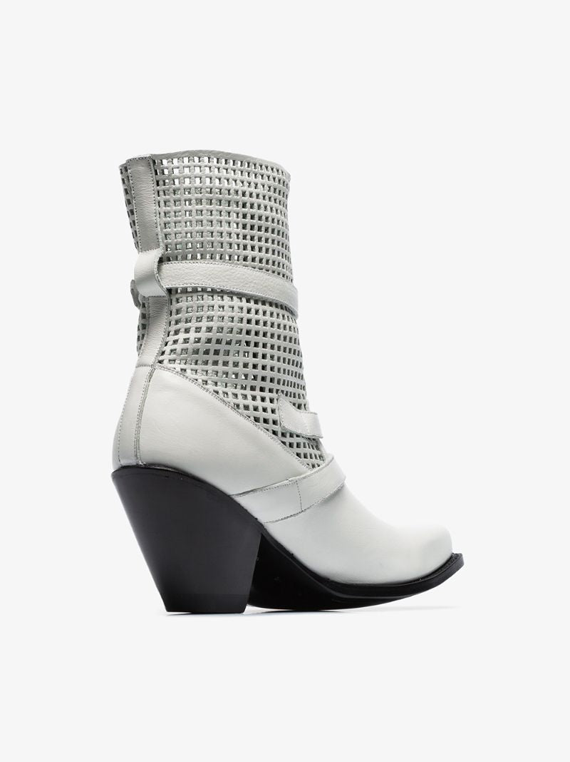 White 80 Perforated Detail Buckle Embellished Leather Ankle Boots