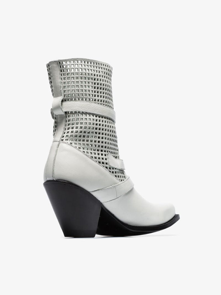 White 80 Perforated Detail Buckle Embellished Leather Ankle Boots