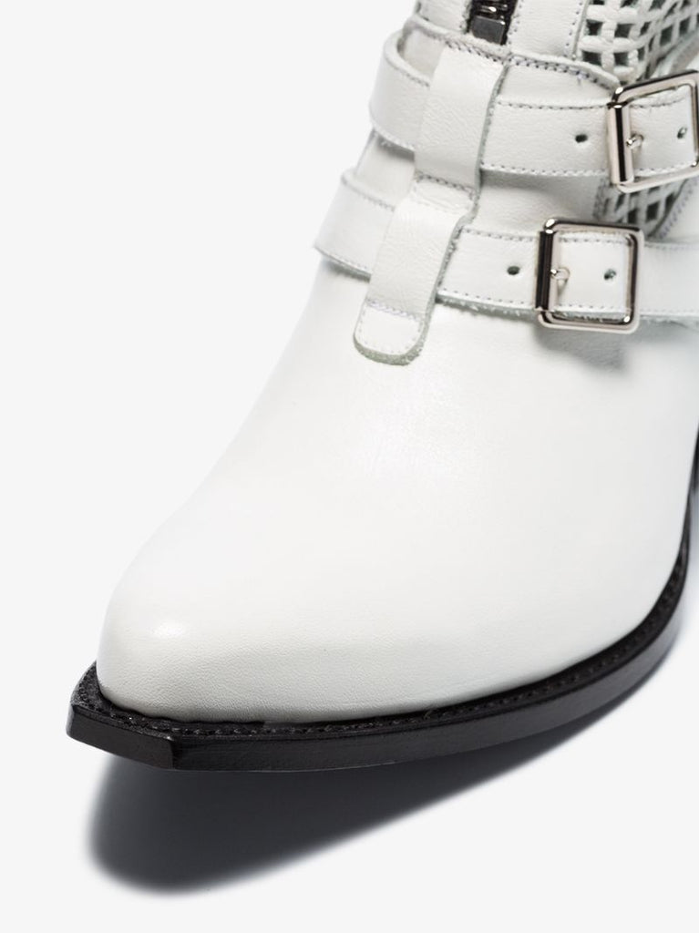 White 80 Perforated Detail Buckle Embellished Leather Ankle Boots