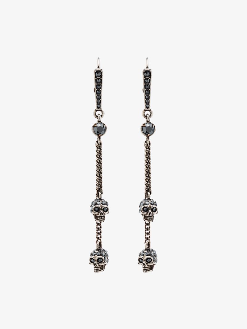 Silver Tone Double Crystal Skull Drop Earrings