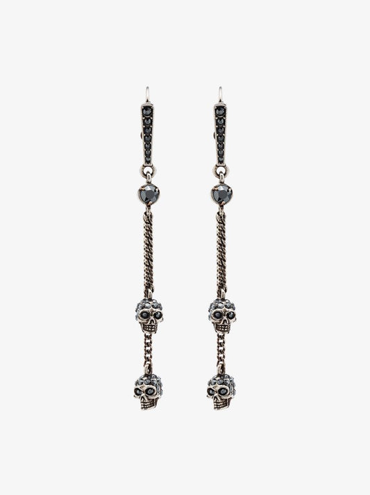 Silver Tone Double Crystal Skull Drop Earrings