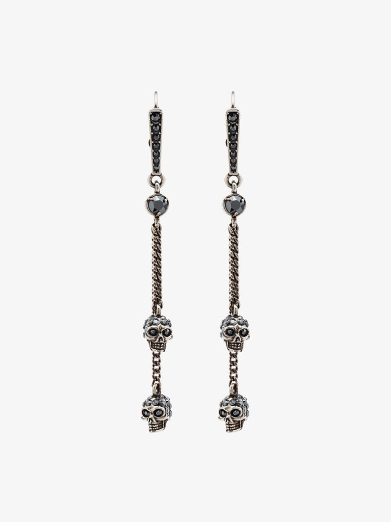 Silver Tone Double Crystal Skull Drop Earrings