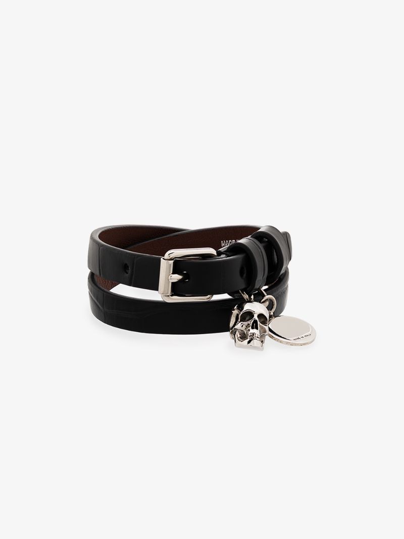 Black Double Wrap Mock Croc Leather Skull Bracelet