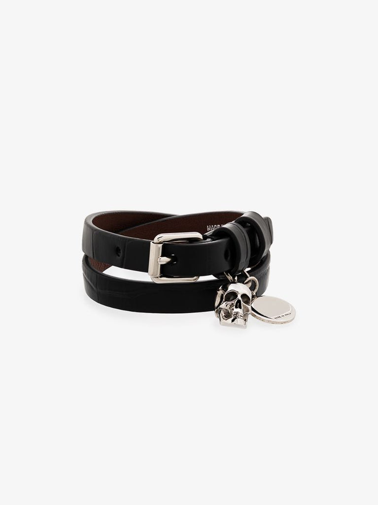 Black Double Wrap Mock Croc Leather Skull Bracelet