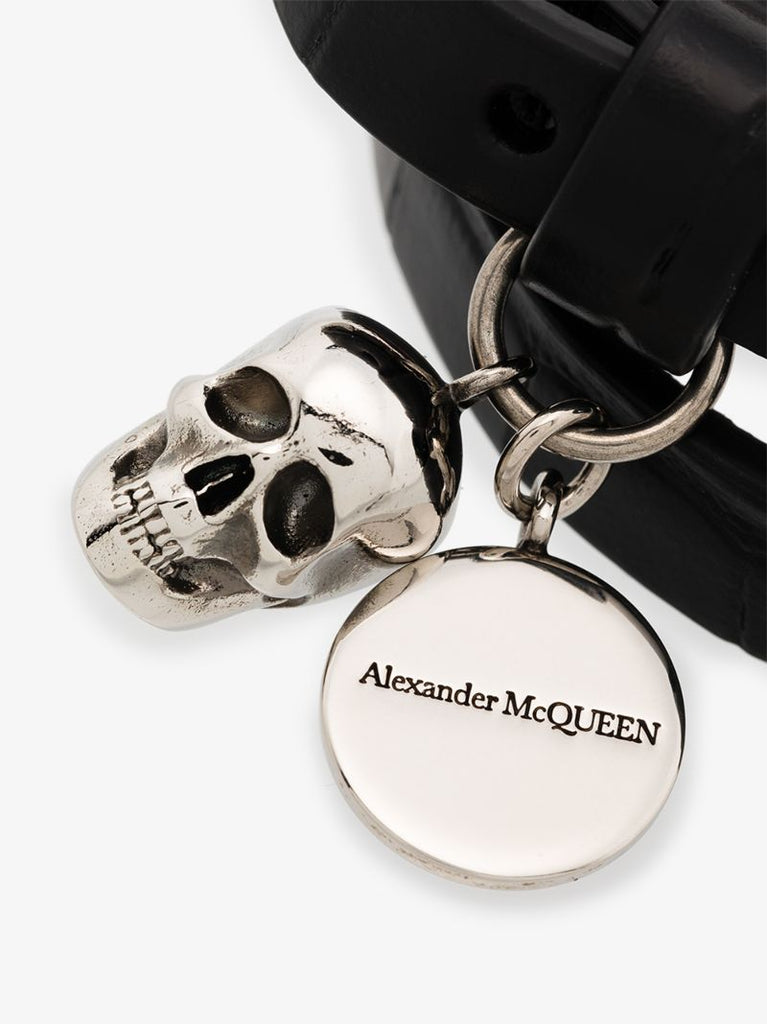 Black Double Wrap Mock Croc Leather Skull Bracelet