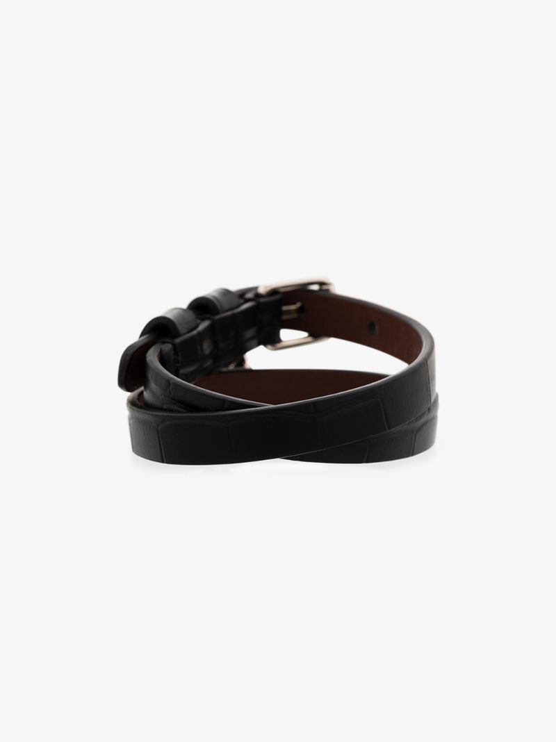 Black Double Wrap Mock Croc Leather Skull Bracelet