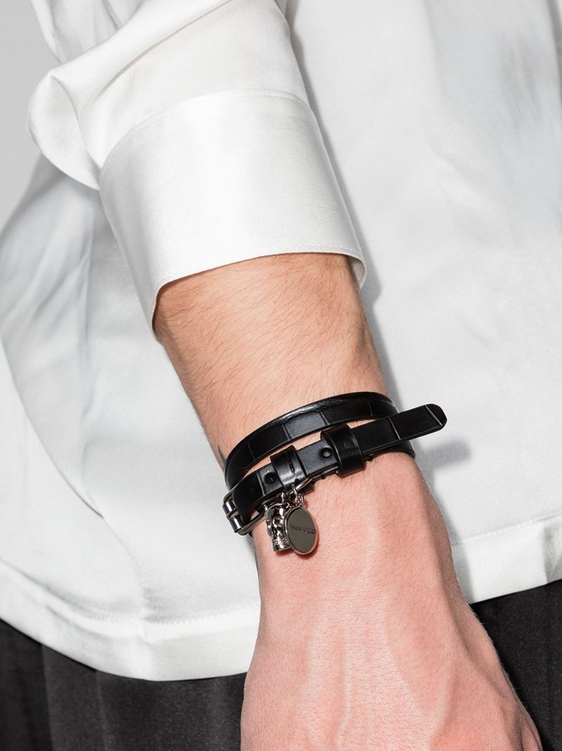 Black Double Wrap Mock Croc Leather Skull Bracelet