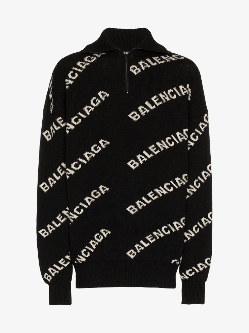 Logo Jacquard Wool Half Zip Sweater