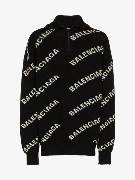 Logo Jacquard Wool Half Zip Sweater