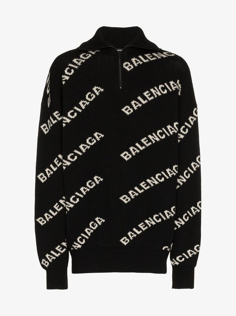 Logo Jacquard Wool Half Zip Sweater