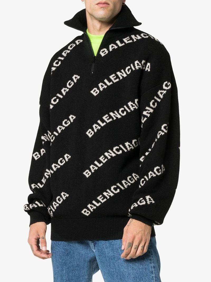 Logo Jacquard Wool Half Zip Sweater