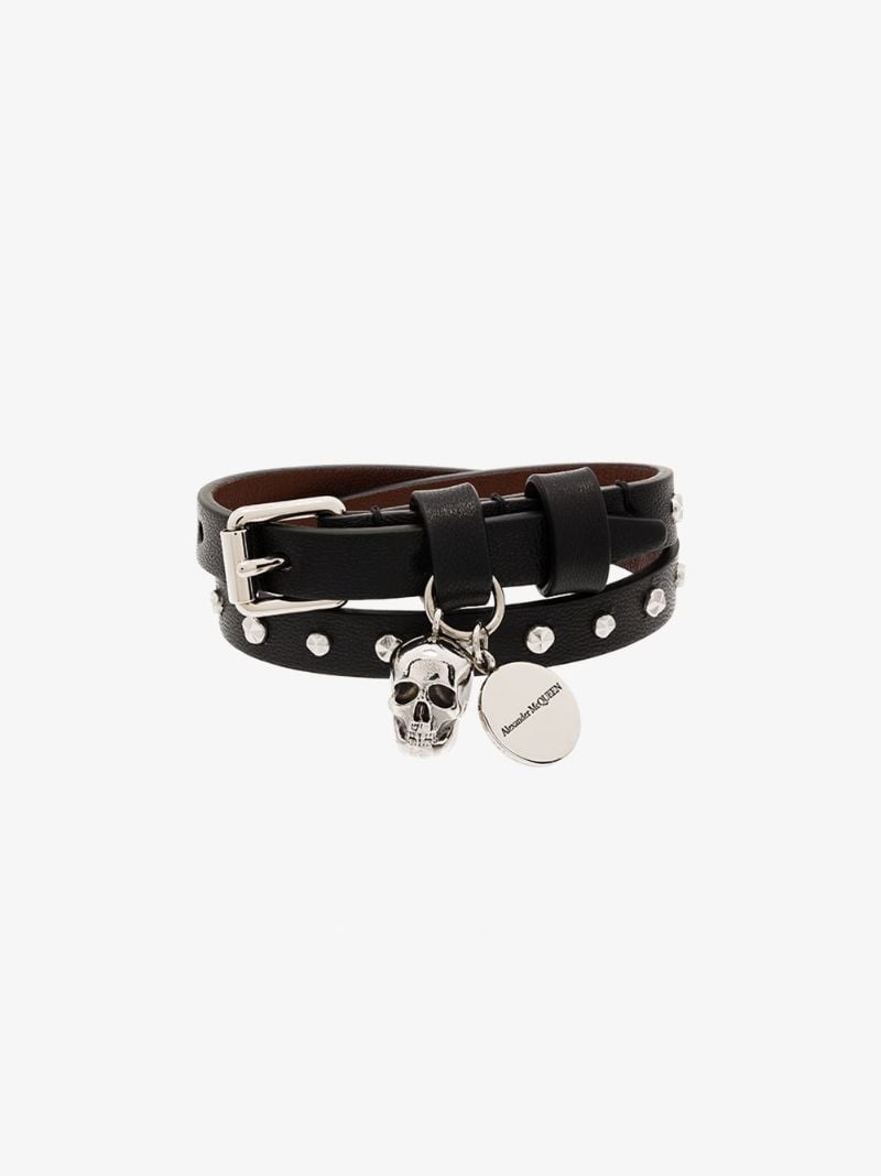 Black Studded Skull Wrap Leather Bracelet
