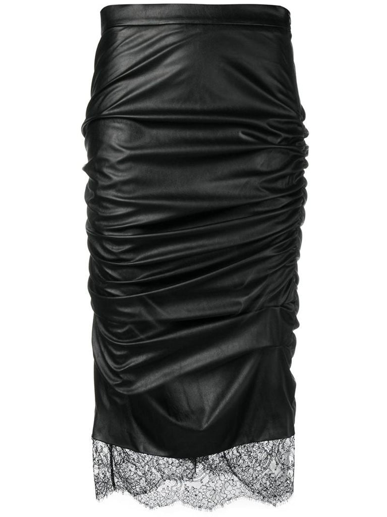 Black Faux-leather Ruched Pencil Skirt