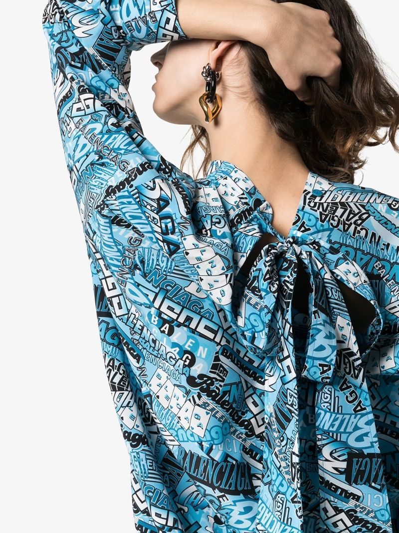 Logo Text Print Tie-neck Silk Shirt