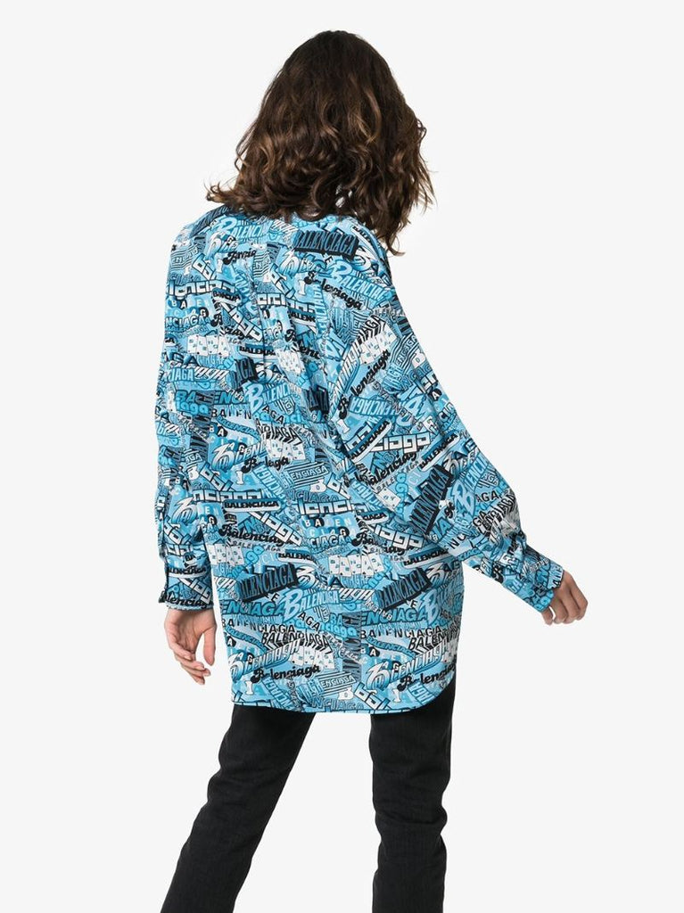 Logo Text Print Tie-neck Silk Shirt