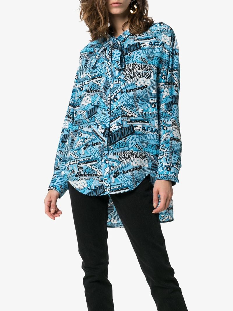 Logo Text Print Tie-neck Silk Shirt