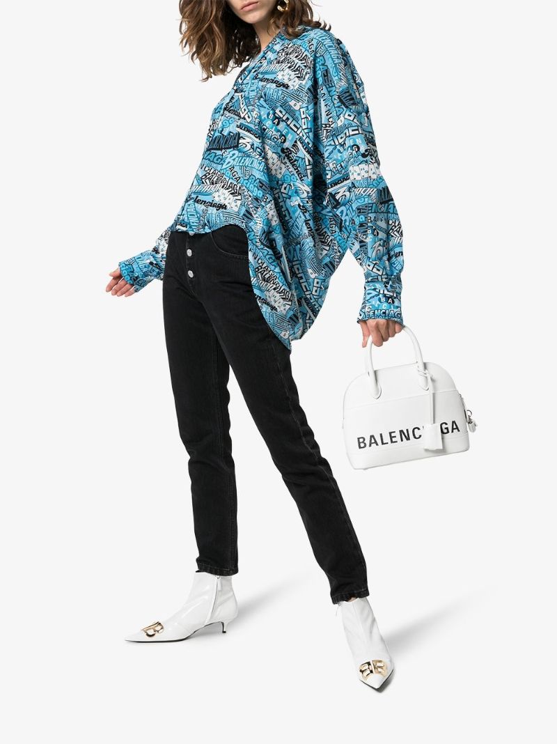 Logo Text Print Tie-neck Silk Shirt