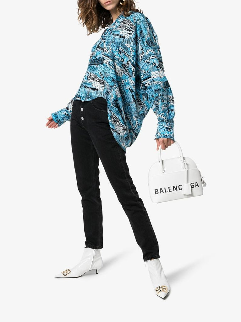 Logo Text Print Tie-neck Silk Shirt