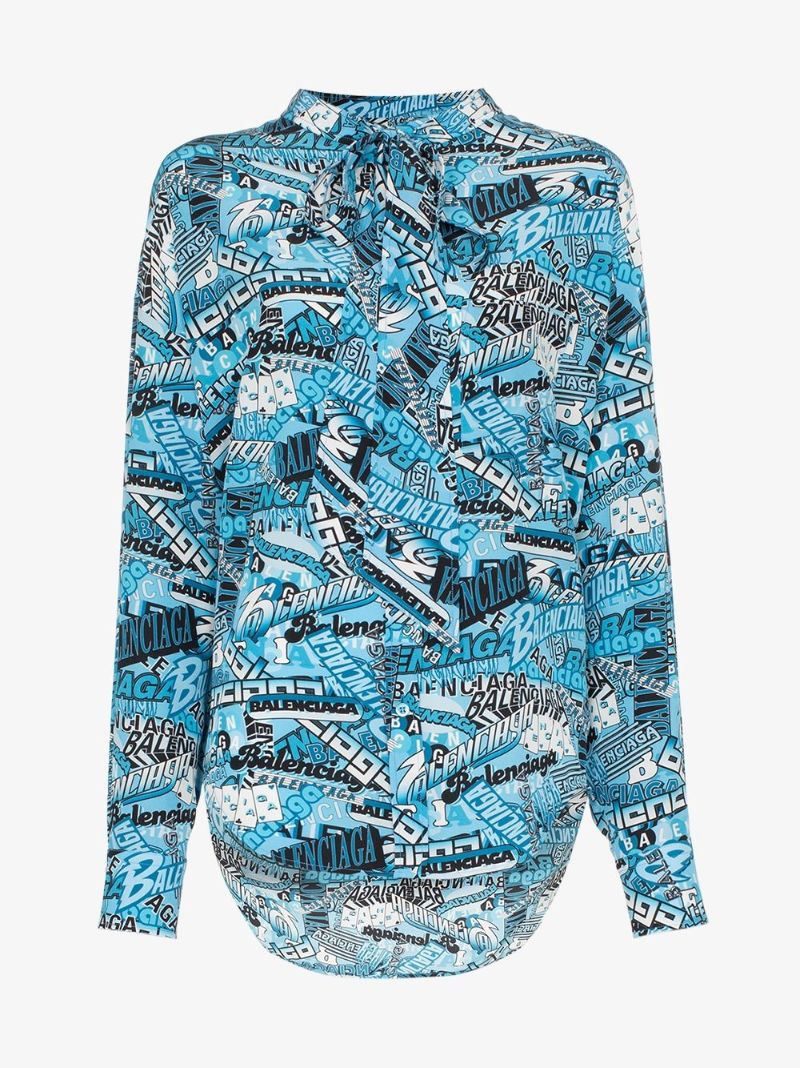 Logo Text Print Tie-neck Silk Shirt