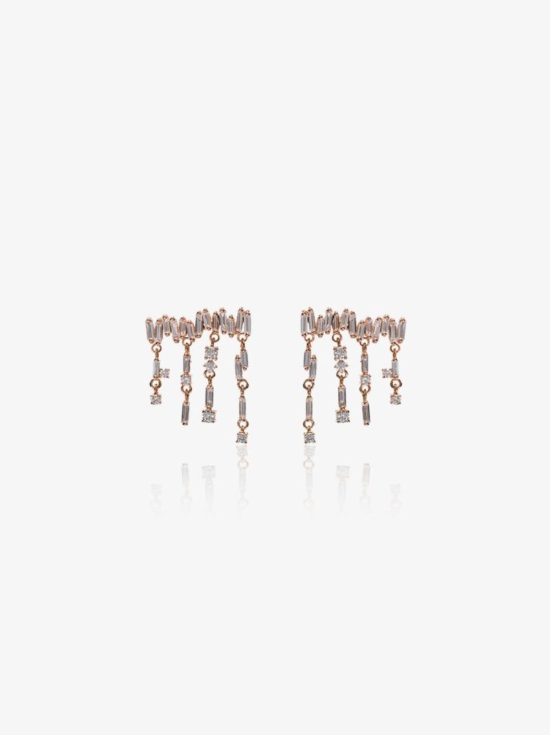 18k Rose Gold White Diamond Baguette Drop Earrings