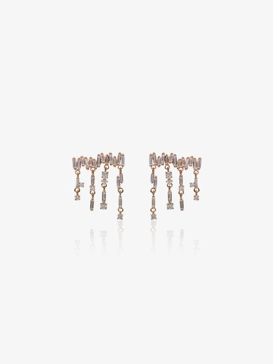 18k Rose Gold White Diamond Baguette Drop Earrings