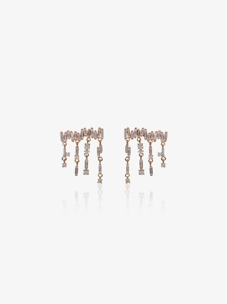 18k Rose Gold White Diamond Baguette Drop Earrings