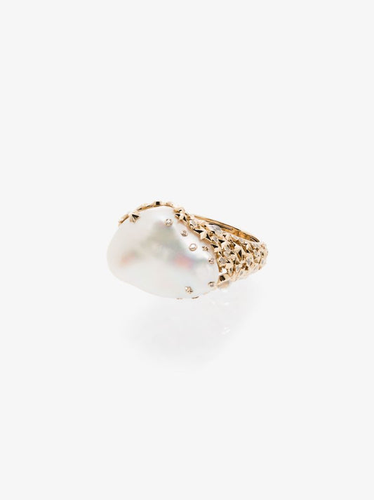 18k Yellow Gold Moonstone Pearl Diamond Ring