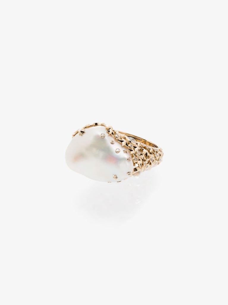 18k Yellow Gold Moonstone Pearl Diamond Ring