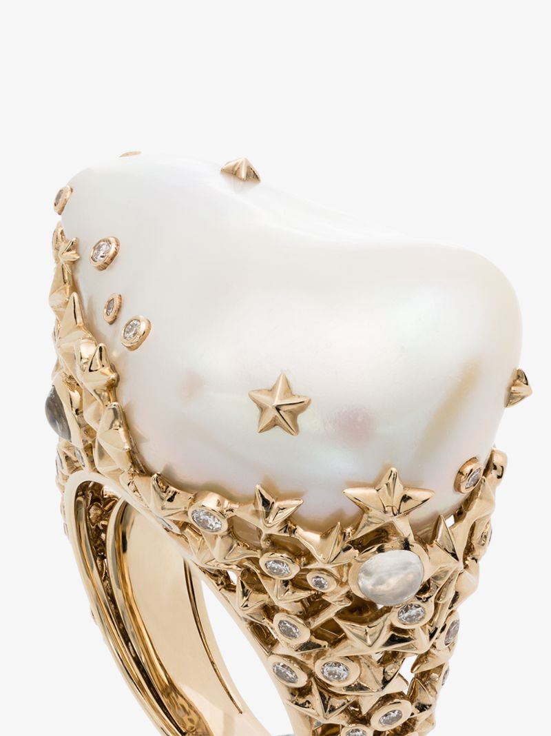 18k Yellow Gold Moonstone Pearl Diamond Ring