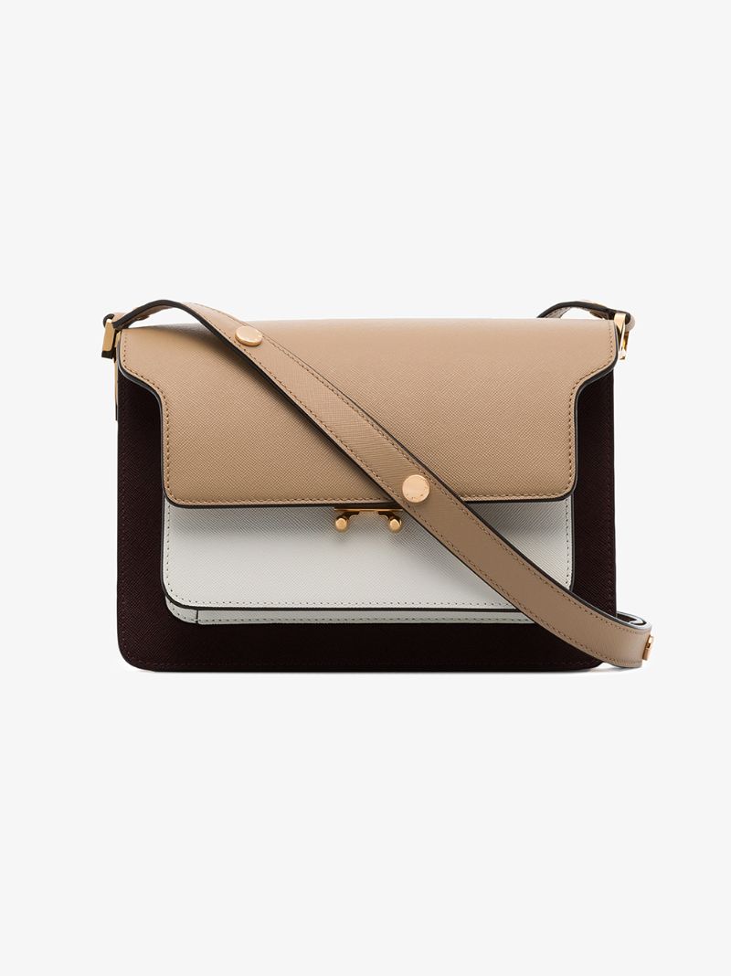 Brown, Beige and White Trunk Leather Shoulder Bag