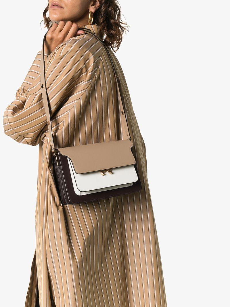 Brown, Beige and White Trunk Leather Shoulder Bag