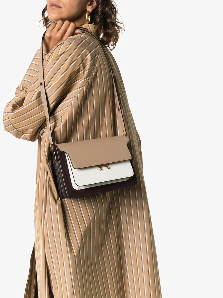Brown, Beige and White Trunk Leather Shoulder Bag