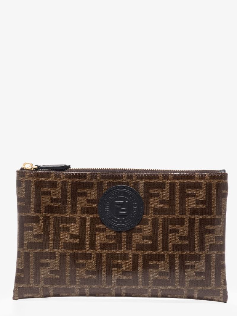 Brown Ff Logo Leather Clutch Bag
